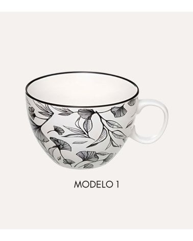Taza Floral Blanco y Negro de 45 cl