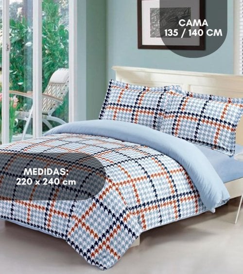 Funda Nórdica A Cuadro con 2 Fundas para Almohadas