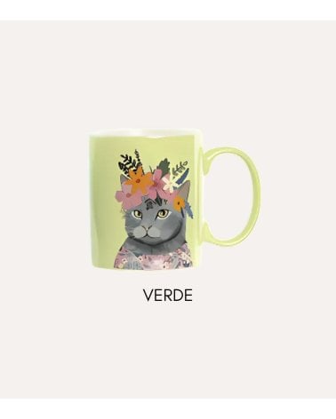Taza Mug de Gato con Flores de Porcelana