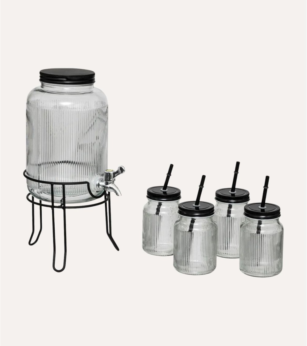 Set de Dispensador de Bebidas y 4 Vasos con Pajita