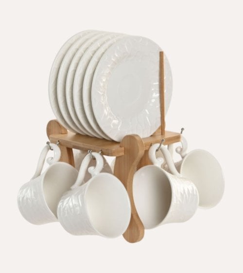 Set de Café Hada de 6 Tazas y Platos con Base de Porcelana