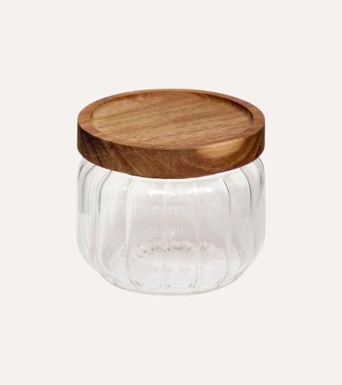 Tarro Bajo Harmony de Vidrio con Tapa de Madera de Acacia